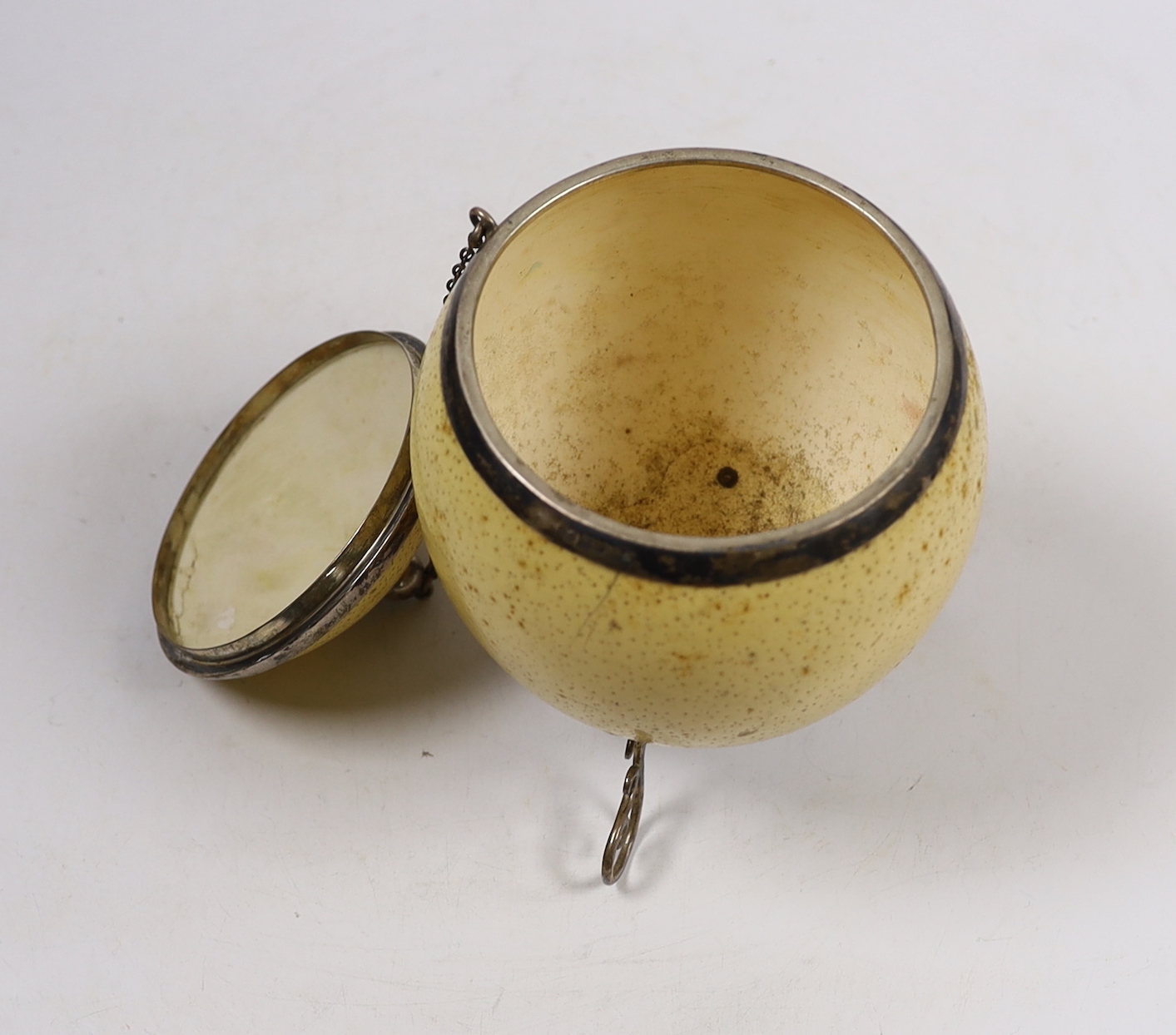 A cased Edwardian silver mounted ostrich egg, with silver mounted cover, Samuel Jacob, London, 1907, housed in a leather and watered silk case, 18.6cm.
